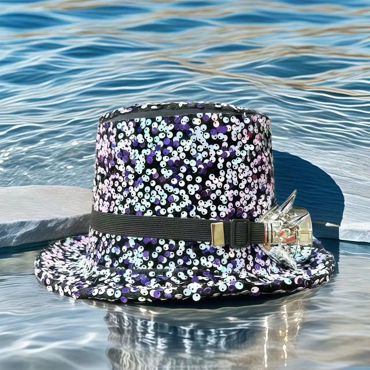 HongLuan Violette Steampunk-Zylinder für Herren, Pailletten-Festival-Zylinder für Damen mit Schutzbrille, Vintage-Burningman-Outfit für Damen – Detail 10