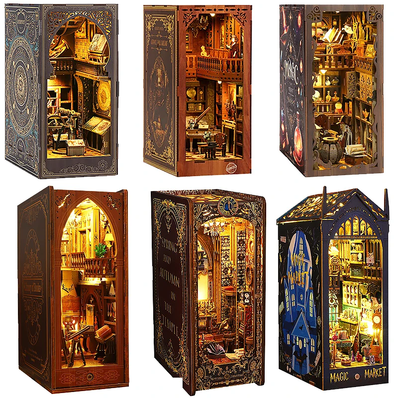 Wooden Miniature Bookshelf Dollhouse Micro Assembly Building Model 3D Puzzle Bookshelf Room Bookend Toys For Kids Birthday Gifts