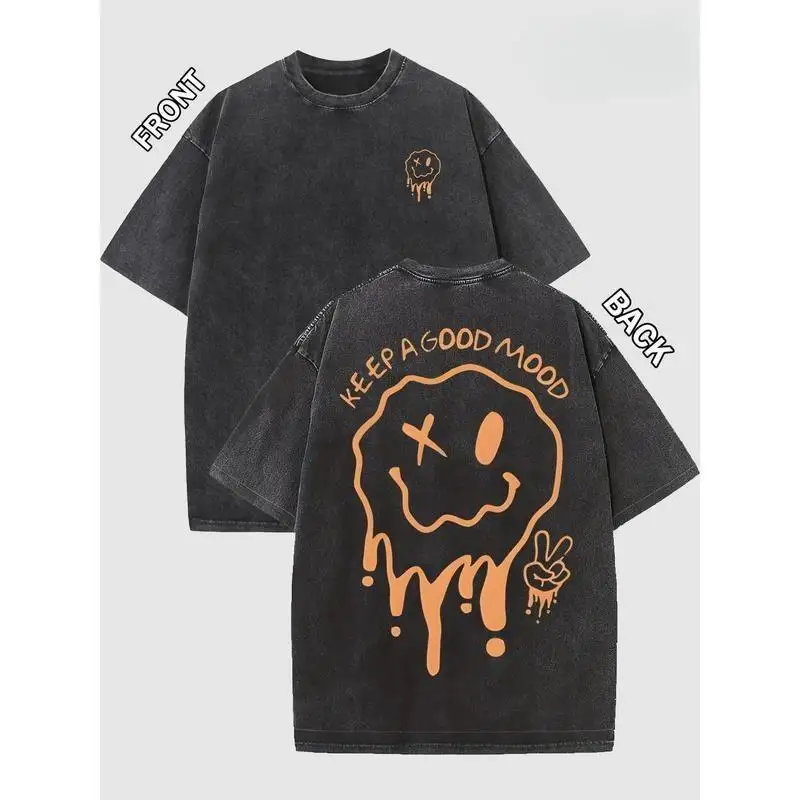 

Vintage Washed Smiley Face T-shirt Men Women Keep A Good Mood Graphic Tee Hip Hop Streetwear Loose Fit Cotton Top Unisex