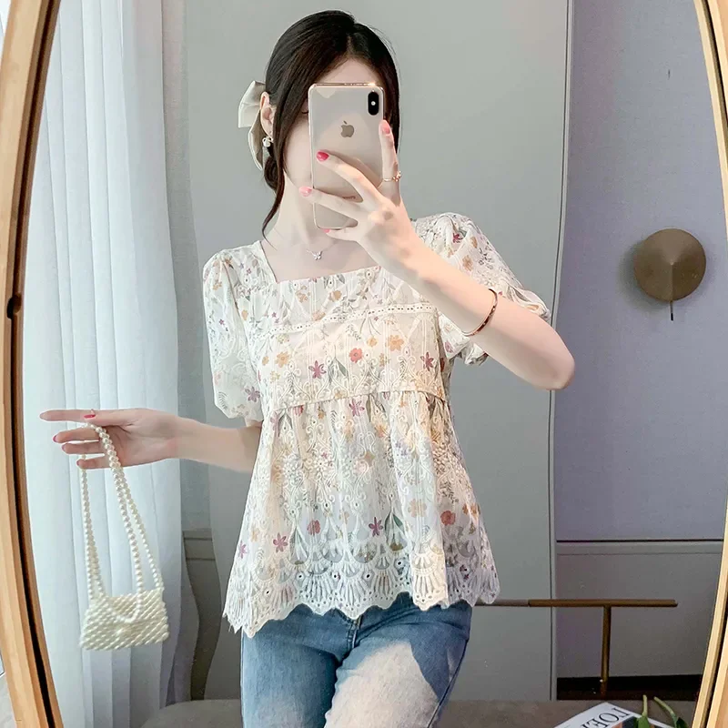 

Elegant Floral Shirt Women's Summer All Match New Loose, Sweet and Fashionable Top Beautiful Small Shirt Popularity Top