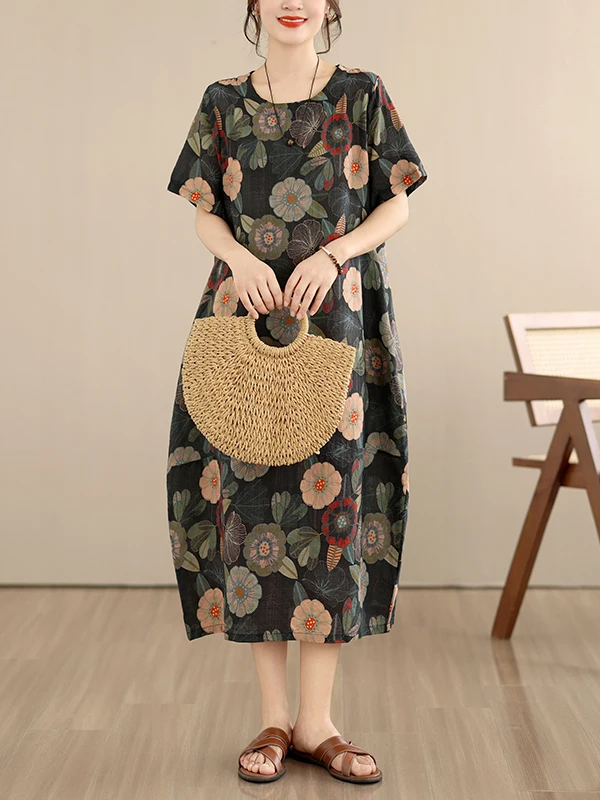 

Summer Cotton Linen Loose Short Sleeve Printed Slimming Short Sleeve Flower Dress Thin Skin-friendly Casual Style Women's Dress