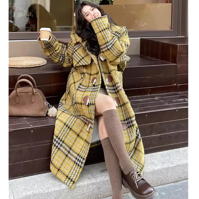 

Plaid Bullhorn buckle Woolen Jacket Women's Autumn Winter 2024 New Fashion Temperament Hooded Coat Female Casual Long Overcoat