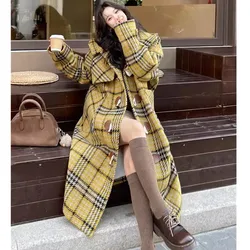 Plaid Bullhorn buckle Woolen Jacket Women's Autumn Winter 2026 New Fashion Temperament Hooded Coat Female Casual Long Overcoat
