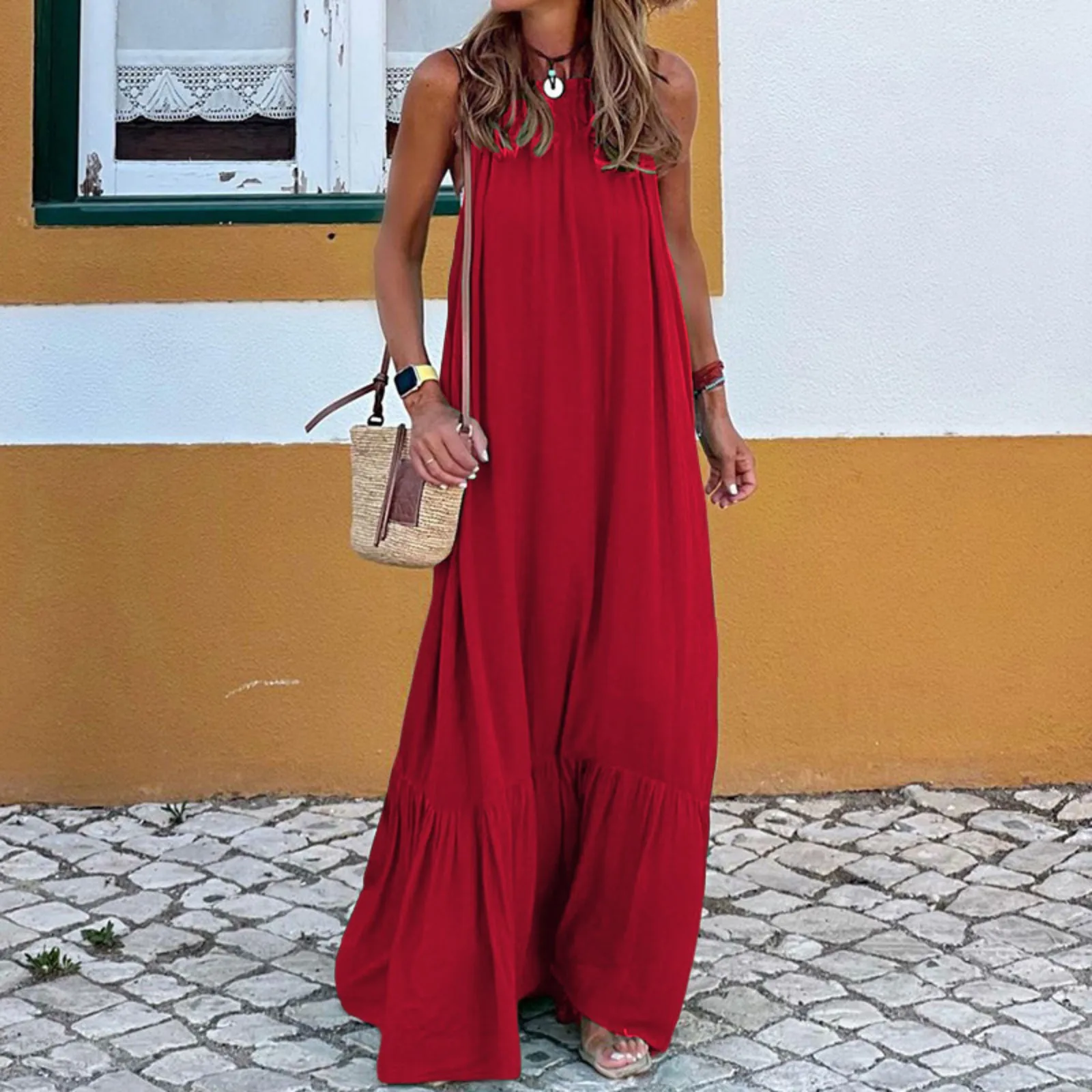 Women\'s Fashion Beach Dress Sleeveless Halter Long Temperament Woman Loose Summer Dresses Casual Bohemian A-line Sundresses