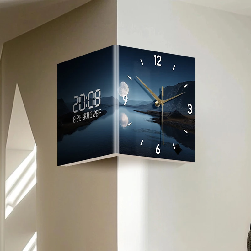 Double-sided corner wall clock with pointer style, featuring night scenery, landscape and starry sky patterns, made of acrylic