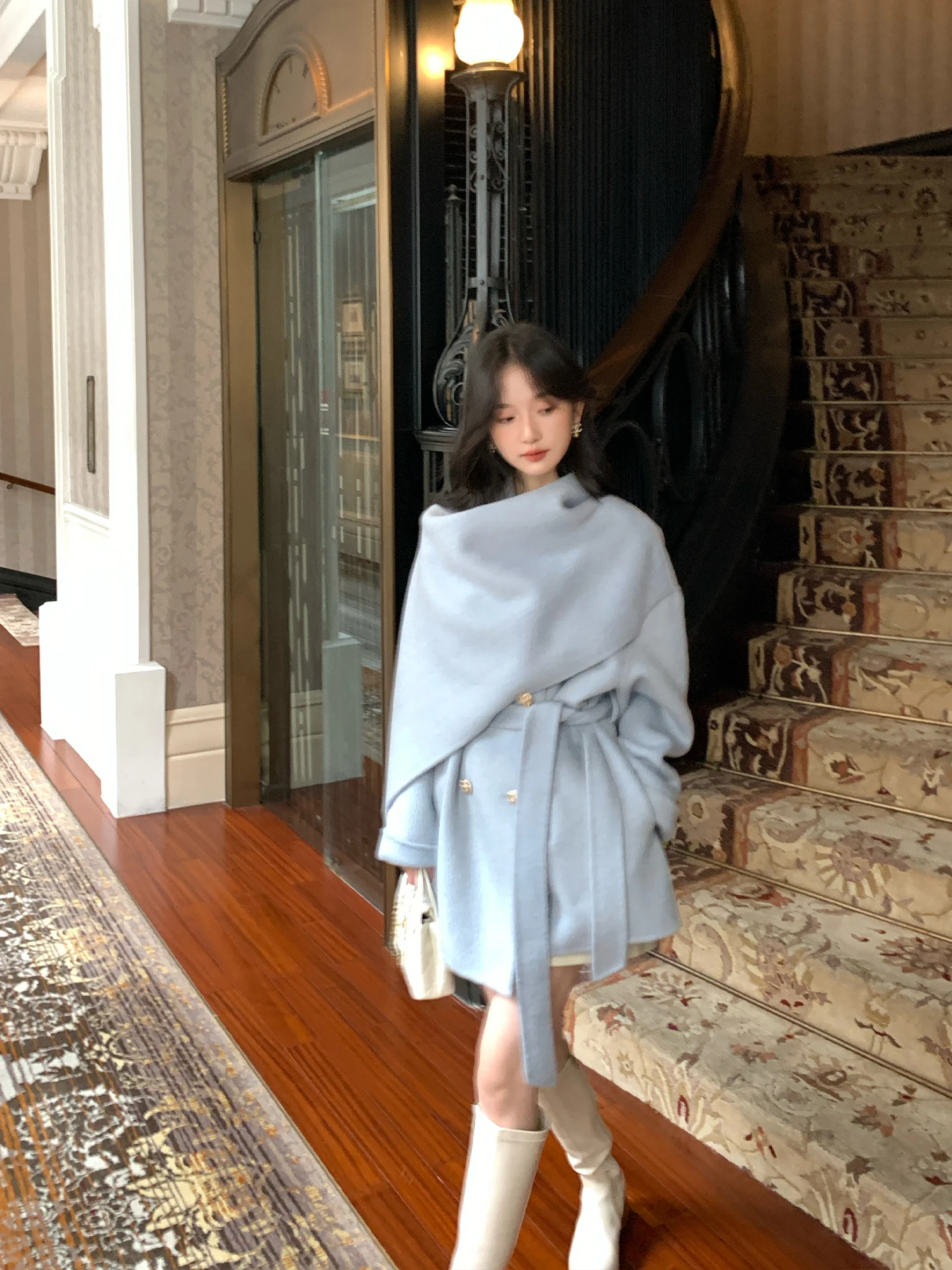 

Double-Sided Woolen Scarf Collar Camere Coat Korean Sle Women's Faion Outerwear Straight Cut Long Sve Button Detail