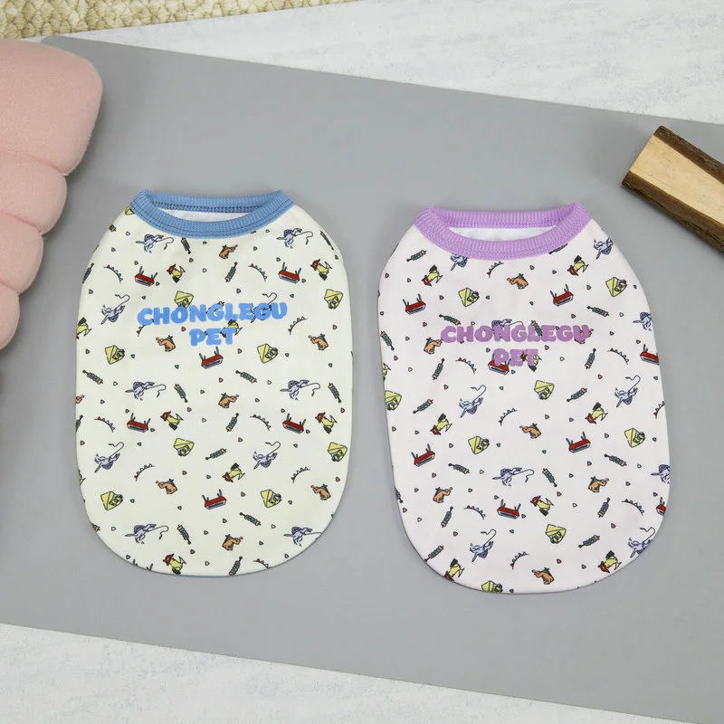Cute Dinosaur Print Dog Clothes Stylish Macaron-Colored Bichon Frise Vest Pomeranian Summer Sleeveless Short-Sleeve Top