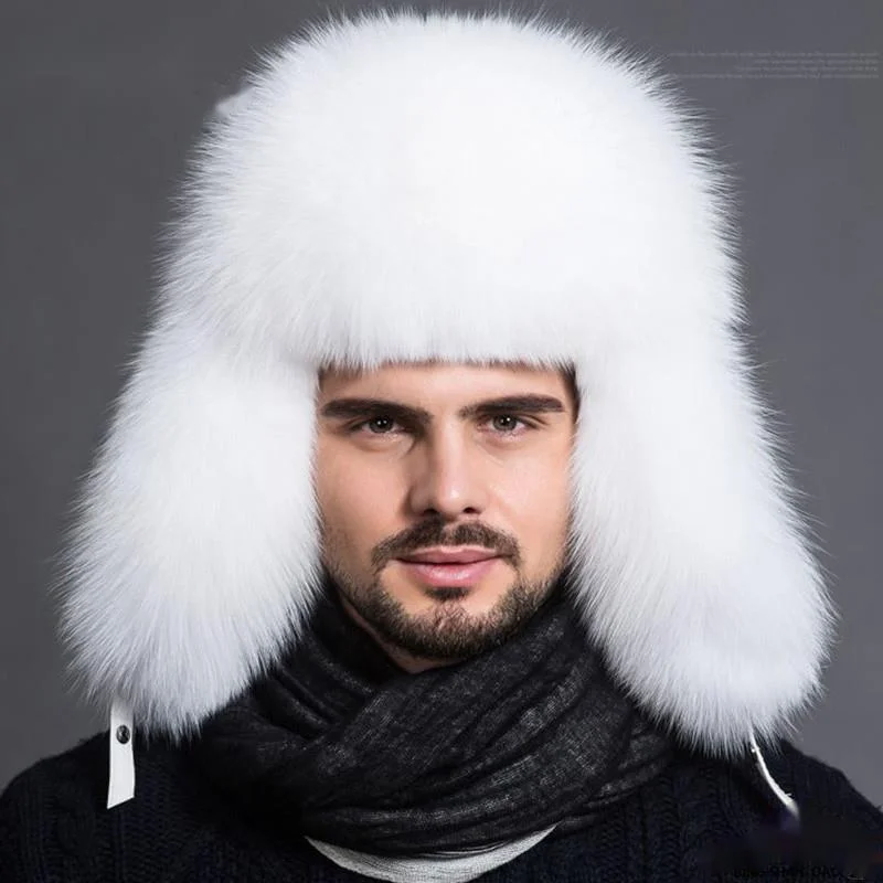 Real Fox Fur Hats Men\'s Winter Fur Bomber Hat Natural Raccoon Fur Snow Cap Luxury Russian Warm Hat For Men Earflap Ushanka Hat