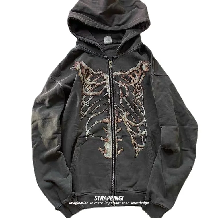 European and American retro bone old oversize top Gothic dark rock top print zipper hooded sweater y2k clothes Polyester Hoodie