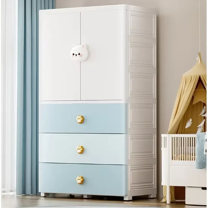 Plastic Storage Cabinet Double Door Wardrobe for Kids Bedroom Simple Locker Organizer