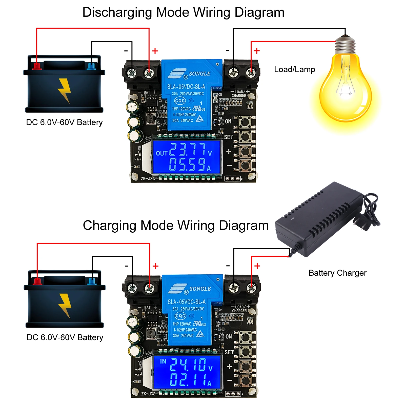 Battery Charge Discharge Controller Low Voltage Cut Off Switch Coulometer Battery Voltage Monitor Protection 30A 6V-60V LCD