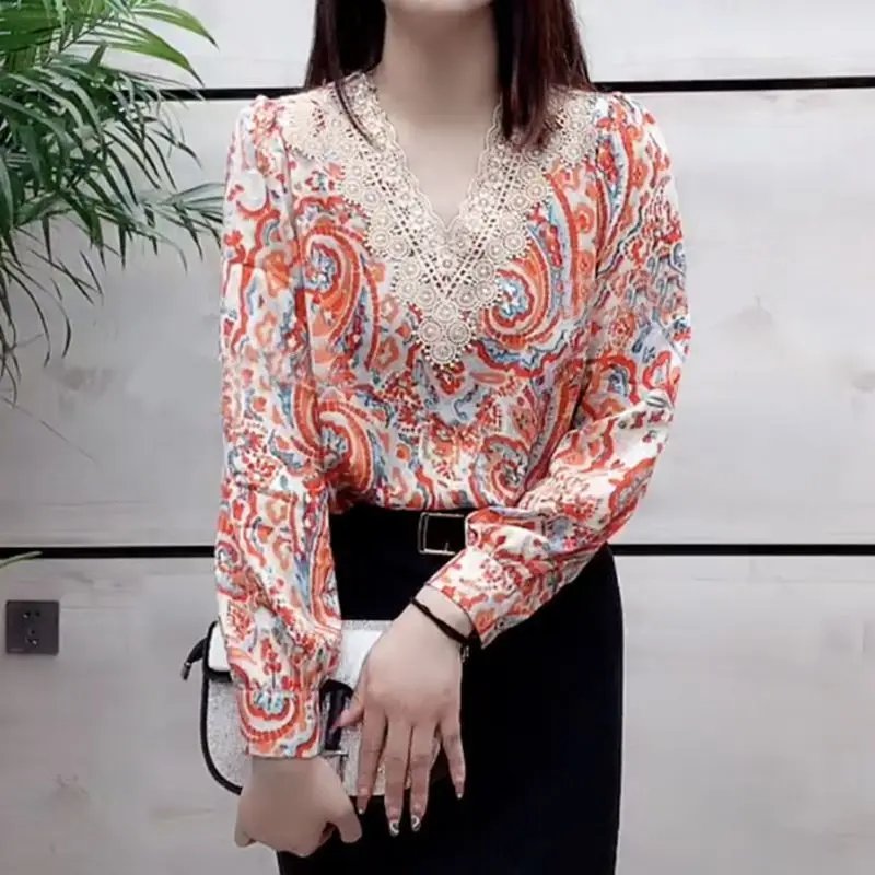 Beach Style V-Neck Lace Undercoat Lantern Sleeve Loose Women Blouse Thin Tie Dye Multiple Colors Spring Summer Plus Size Chiffon