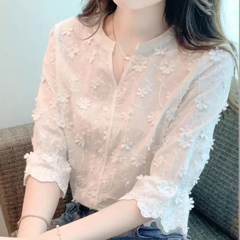 Summer New Solid Color Blouse Women V-neck Fashion Half Sleeve Pullovers Elegant All-match Three-dimensional Decoration Tops