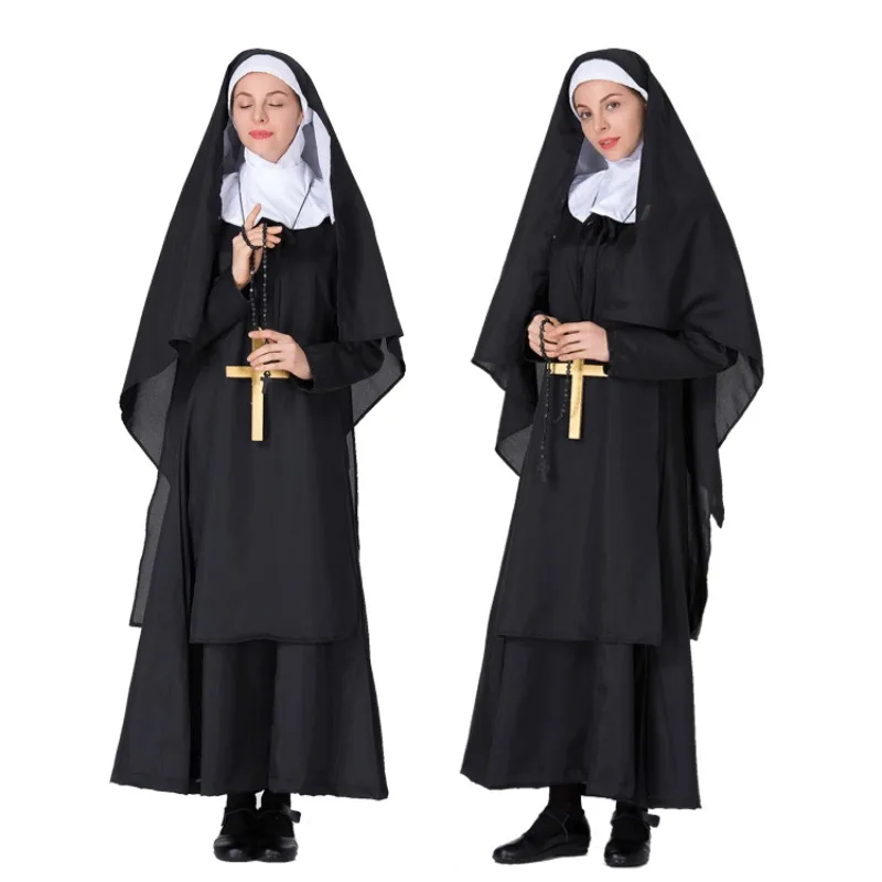 Halloween Cosplay Anime Game Novelty Costume Church Virgin Mary Nun Sister Black Robe Role Play Party