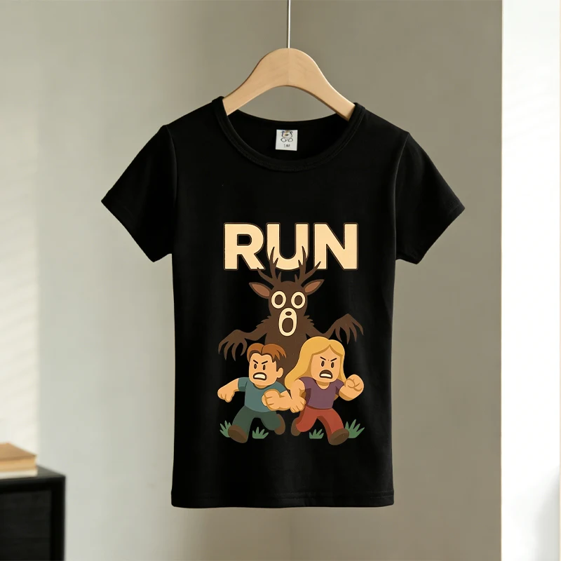 

99 Nights in The Foreste Children Short Sleeved T-shirt Boy Girl Black White Shirt Cartoon Anime Pattern Clothes Casual Top Gift