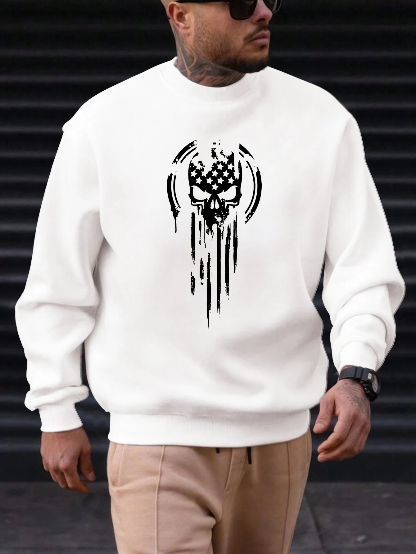 

2025 New Sweatshirt For Men's Skull Pattern Printing Cotton Round Neck Fashion Casual High Quality Daily Top Clothing