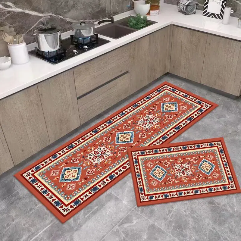 

VIKAMA 2PC Persian Washed Back Imitation Cashmere Carpet Long Strip Kitchen Floor Mat Household Ethnic Style Entrance Door Mat