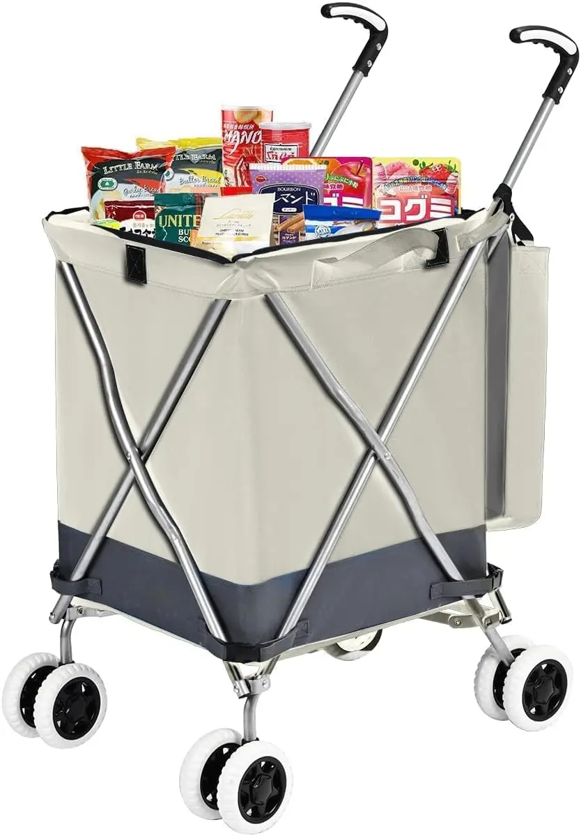 

Folding Grocery Cart with 360° Swivel Wheels, Waterproof Oxford Cloth, Heavy Duty Canvas, Holds 120 lbs, Lightweight Utility Cart for Laundry