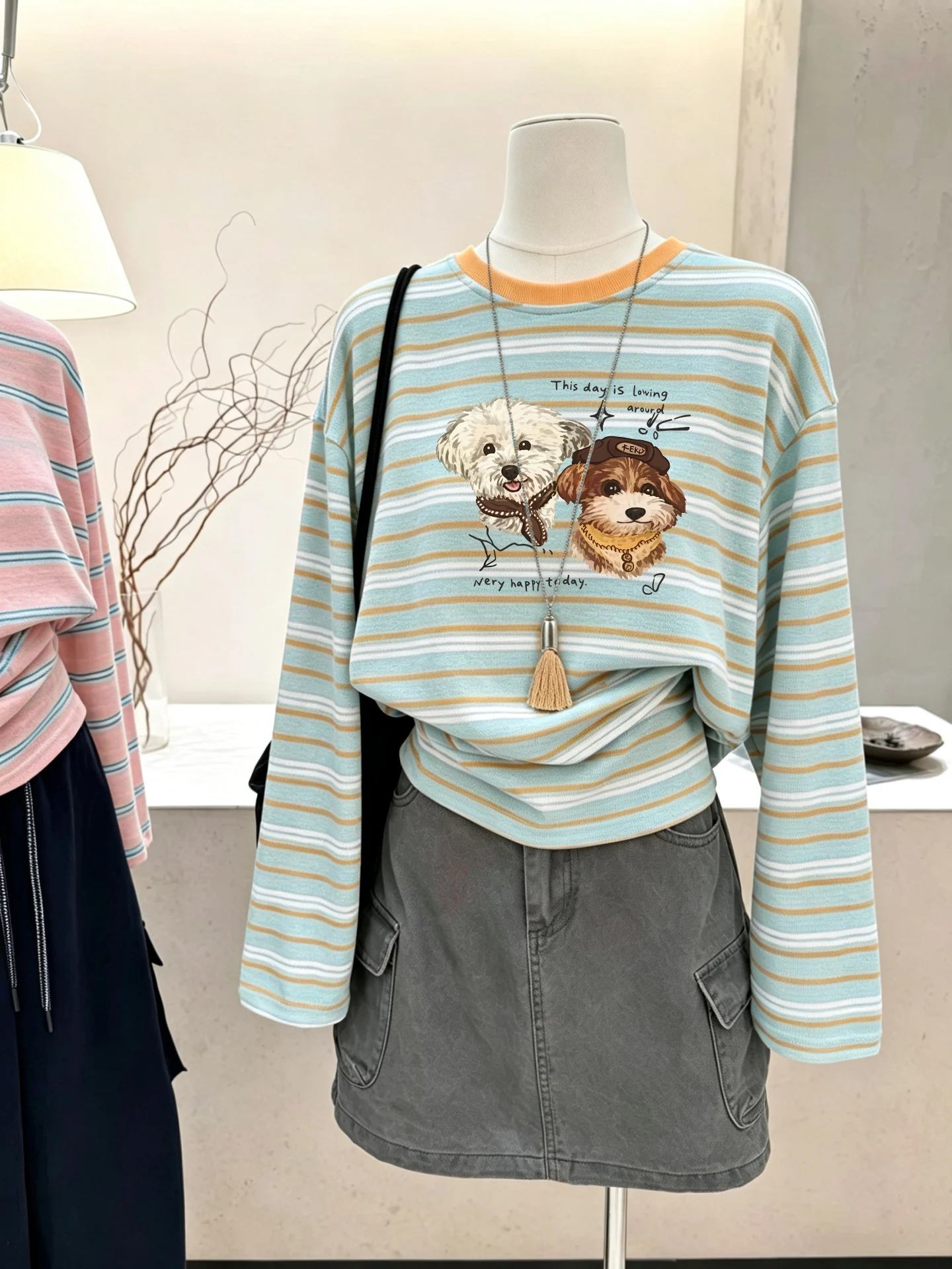 Loose Long Sleeve T-Shirt Women's Rainbow Stripes Print Lazy Style Cotton Casual Top Slimming Cover up Autumn New Arrival