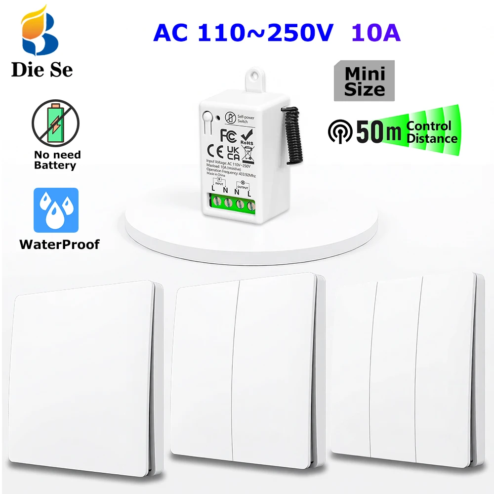 Interruptor de luz sem fio 433MHz, sem necessidade de bateria AC 110V 220V receptor autoalimentado e interruptor de parede RF 86 para eletrodomésticos LED