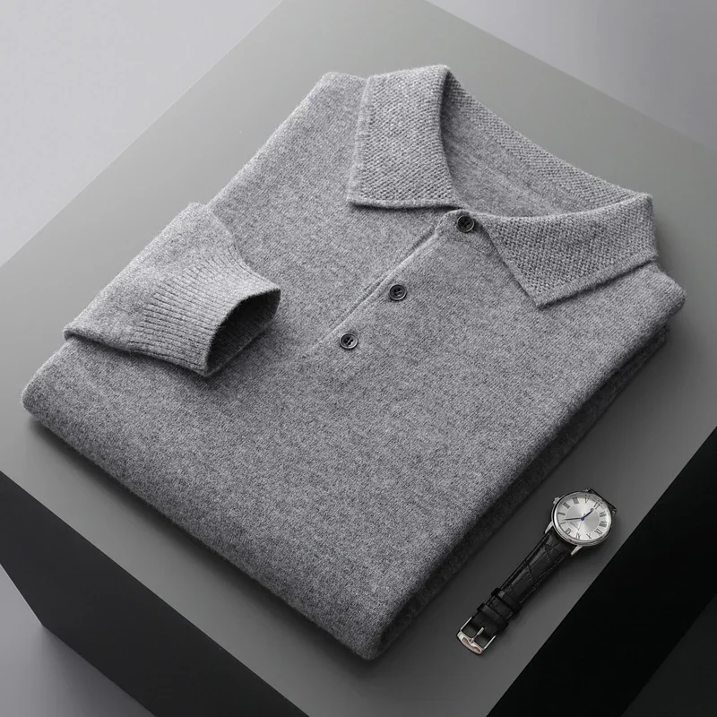 100% merino wool cardigan men's lapel pullover long sleeve polo neck sweater loose top knitted clothing plus size shirt