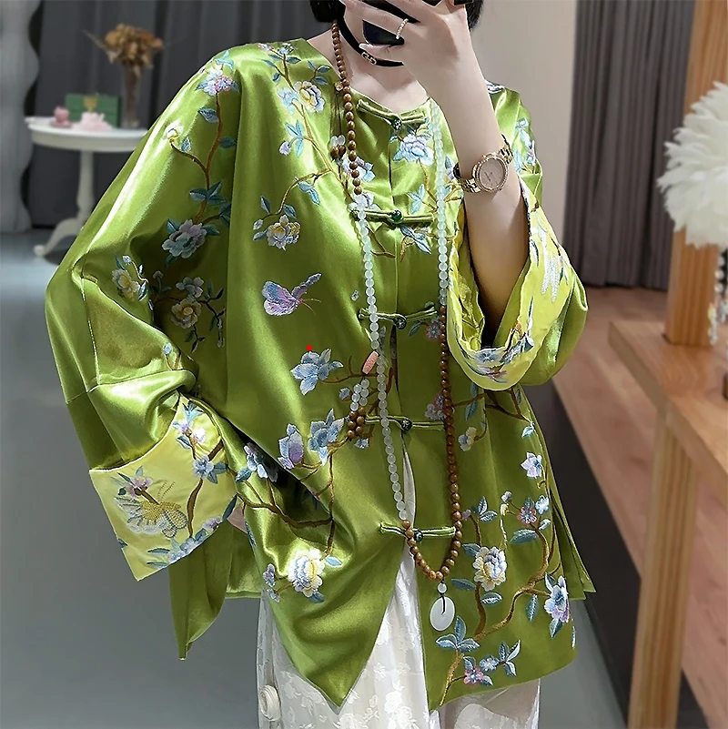 

High-end Satin Acetate Women Jacket Top Embroidery Painting of Flowers and Birds Tang Suit Elegant Lady Loose Coat Female S-XXL