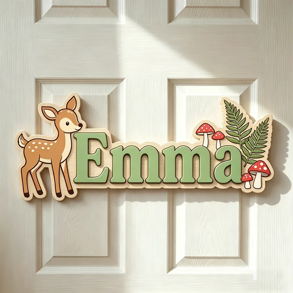 Woodland Fawn Custom Wooden Name Plate, 2-Layer 3D Letter Name Sign with Mushroom & Fern, Personalized Kids Door Decoration Gift