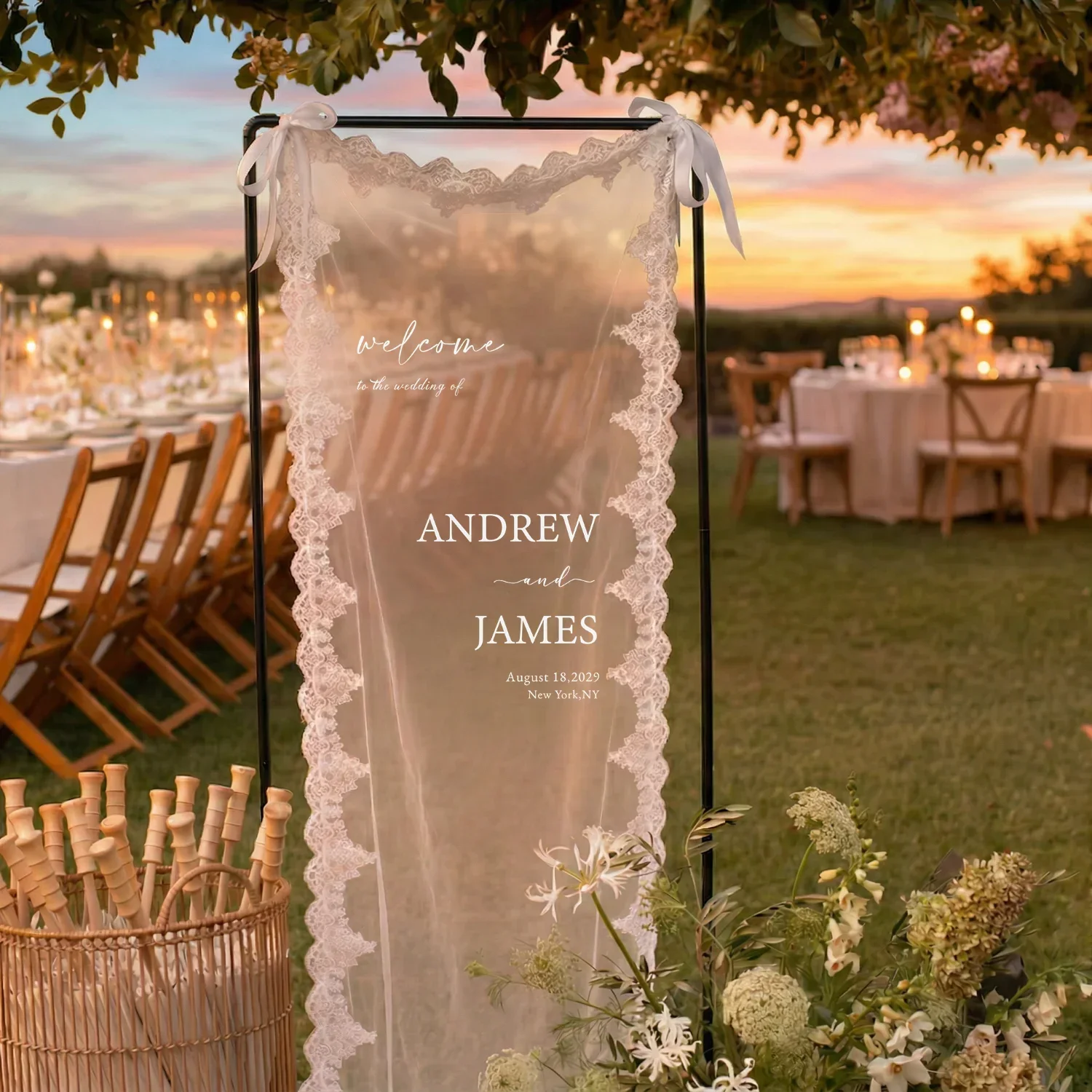 Custom Wedding Welcome Sign Lace Fabric Sign Personalized Welcome Banner for Wedding Engagement Shower Party Outdoor Decor