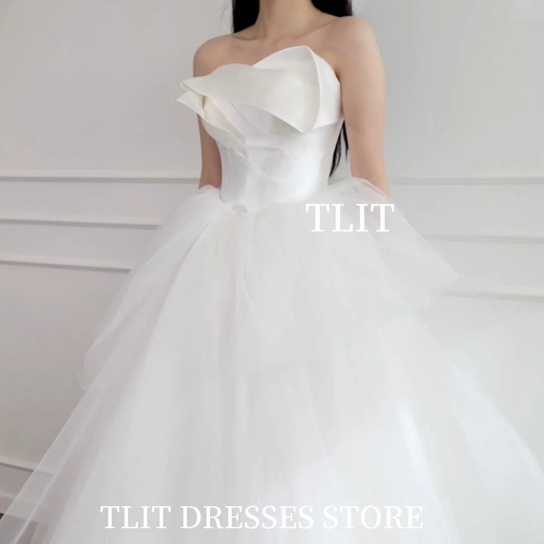 فستان زفاف أنيق من التول الأبيض من TLIT بدون حمالات بدون أكمام فساتين زفاف كورية فستان زفاف تبادل لاطلاق النار حسب الطلب