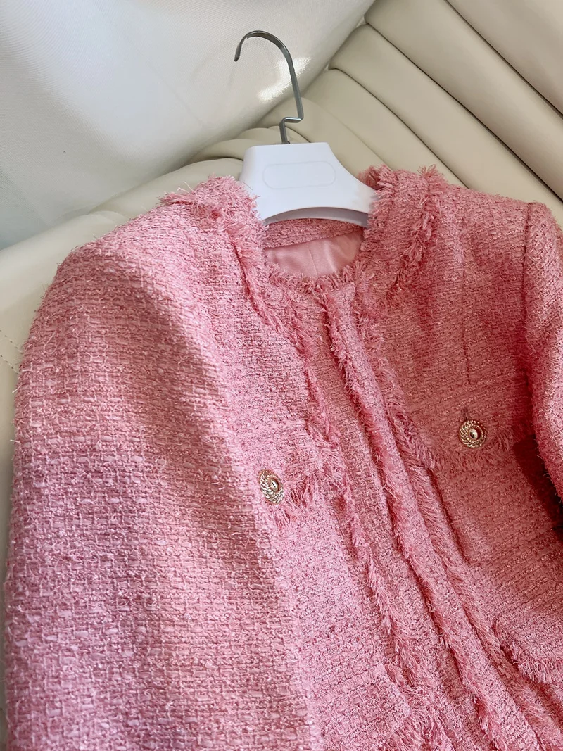 Lingzhi Wu-abrigo de Tweed con borlas para mujer, abrigo elegante, Rosa francés, ropa de abrigo elegante, recién llegado