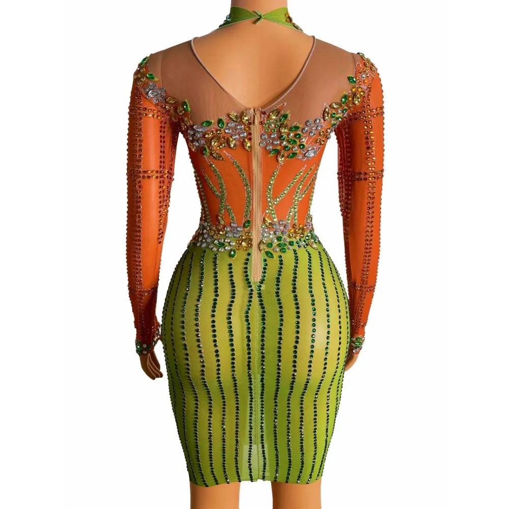 Orange And Green Perspective Long Sleeves Shining Rhinestones Sexy Women Dress Club Party Clothing Stage Singer Costumes