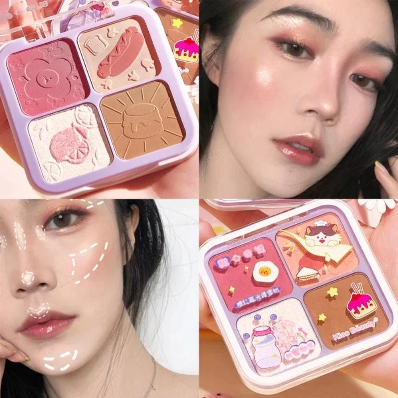 4 สี Peach Blush Palette เกาหลีแต่งหน้าเครื่องสําอาง Blush Highlight Trimming Powder All-in-one Palette สร้างธรรมชาติแต่งหน้าเปลือย