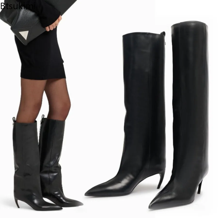 Winter New Pointed-Toe Kitten Heel Knee-High Boots Suede/leather Snakeskin Fashion Catwalk Slim Boots Solid Color Plus Size35-43 - view 4