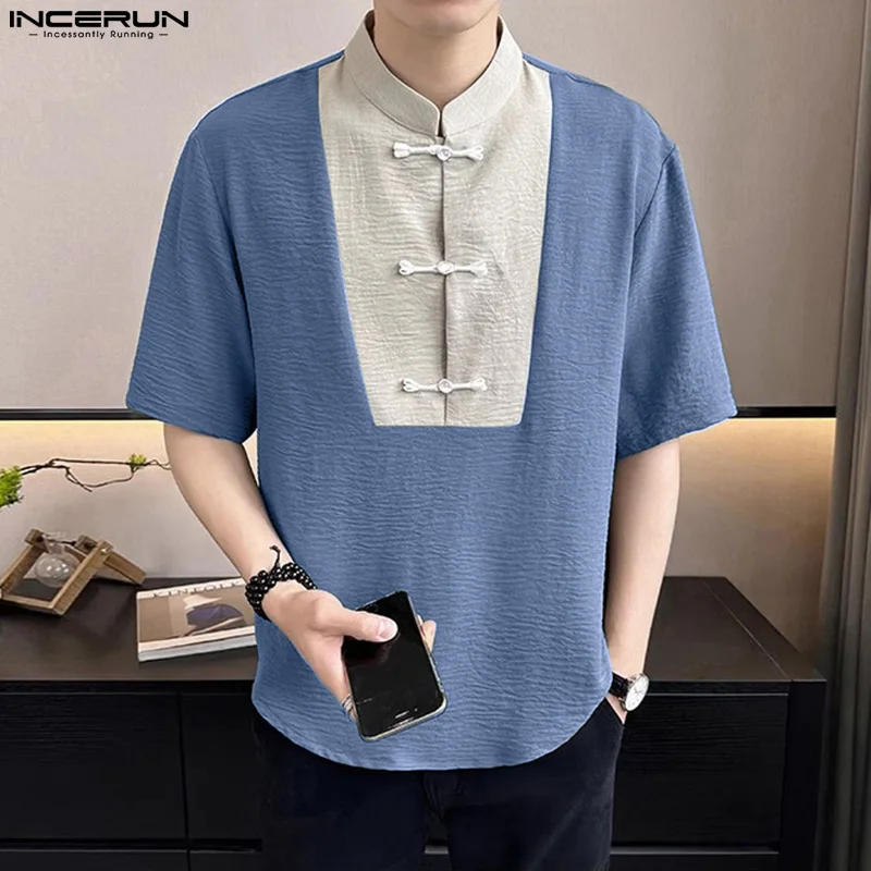 2024 Männer Shirt Patchwork Stand Kragen Kurzarm Vintage Männer Kleidung Sommer Streetwear Retro lässig männliche Hemden S-5XL Incerun