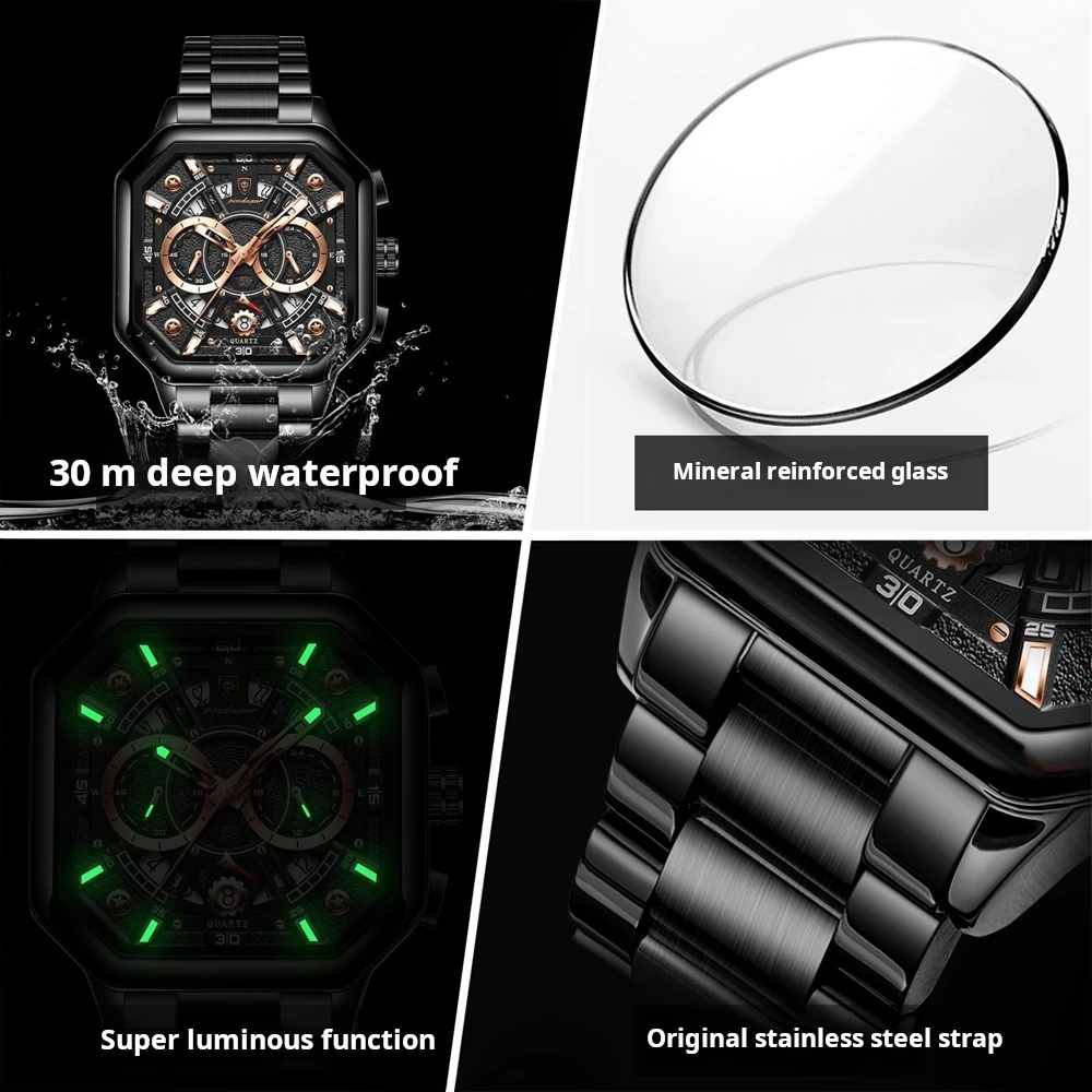 POEDAGAR Luxury Original Men Chronograph Date Man Watch Stainless Steel Quartz Men's Watches Waterproof Luminous Clock Reloj+box