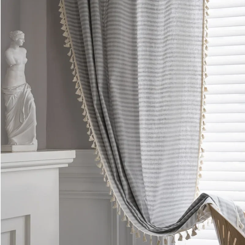 pp1016Cotton and linen striped curtain fabric style gray and white thin strip bedroom rod floating curtain