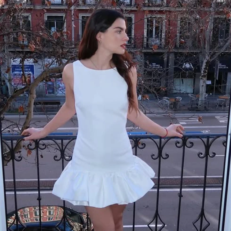 Hxao vestido branco feminino verão sem mangas babados vestidos de festa para mulher bodycon sem costas vestido elegante ruched vestidos curtos