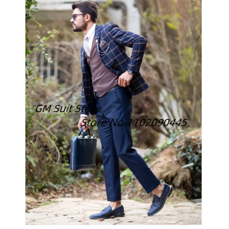 2022 New Fashion Men Plaid Dress Suit Slim Fit 3-Piece Blazer Formal Business Jacket Vest Pants Costume Homme