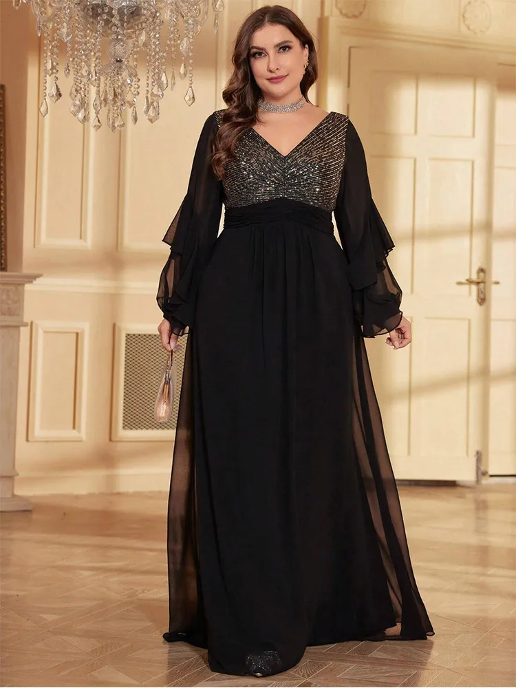 Plus Size 4XL5XLV Neck Gold Black Sequined Chiffon Long Sleeve Spring Plus Size Evening Dress Big Size Floor Dress for Women