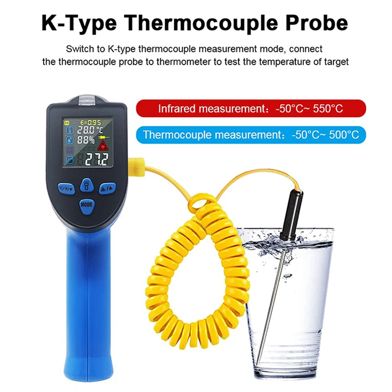 Termometri a infrarossi WENMEICE con sonda di tipo K Misuratore di temperatura elevata senza contatto Termometro laser a infrarossi digitale