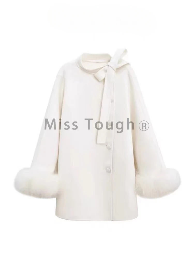 Korean Fashion Elegant Woolen Coat Women's Winter Warm Bow Chic Loose Retro Cloak Jacket New Design Casual Casual Fairy Clothing