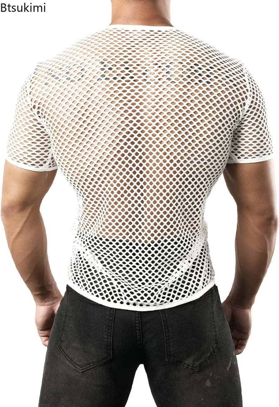 New 2026 Men's Sexy Mesh T-shirts Transparent Hollow Out Fishnet Short Sleeve O-neck Tops Men Sport Fitness Tees Nightclub Vest