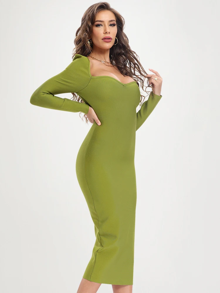 Nuevo Vestido Sexy de manga larga de longitud media verde militar para mujer, Vestido ajustado con espalda descubierta y cuello en V para fiesta y noche, Vestido XL
