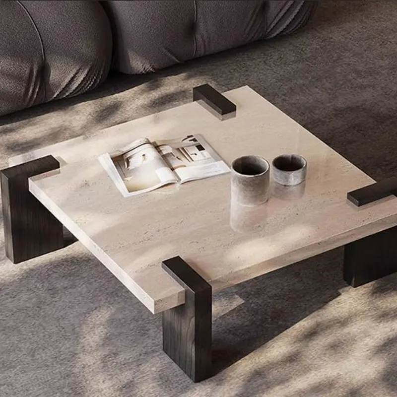 

Factory Wholesale Home Furniture Solid Wood Side Tables Square Natural Travertine Top Coffee Table for Living Room Luxury