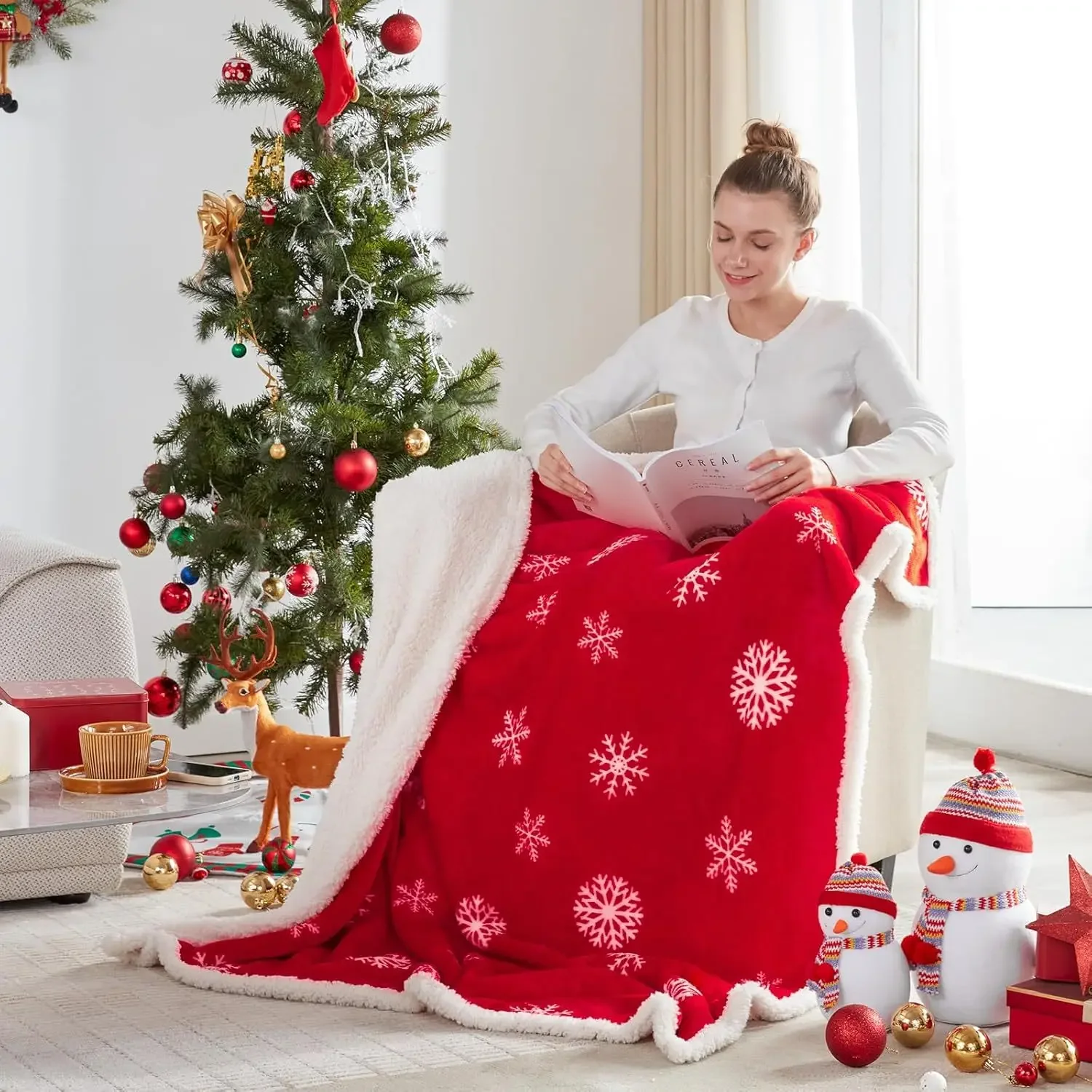 60x80inch Red and White Snowflake Christmas Blanket Plush Fluffy Cozy Blanket Sofa Bed Couch Office Car Camping Available