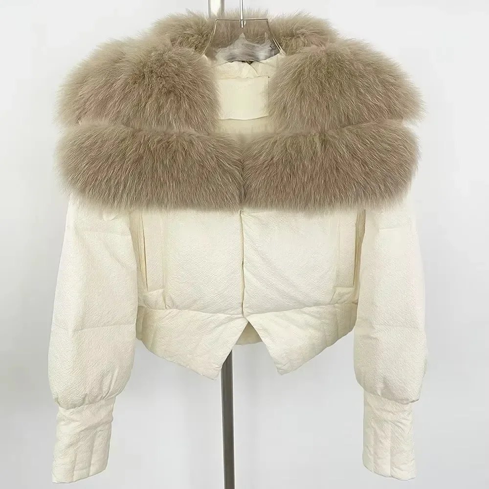 

2024 Autumn Winter Jacket Women Real Natural Fox Fur Collar Jacket Thick Warm Short White Duck Down Jacket Outwears New Casual