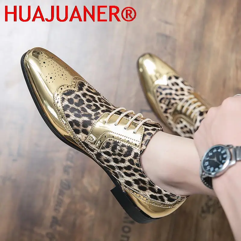 Fashion Golden silver Vintage Men Shoes Leopard Print Formal Dress Casual Leather Shoes Business Wedding Oxford Shoes For Men