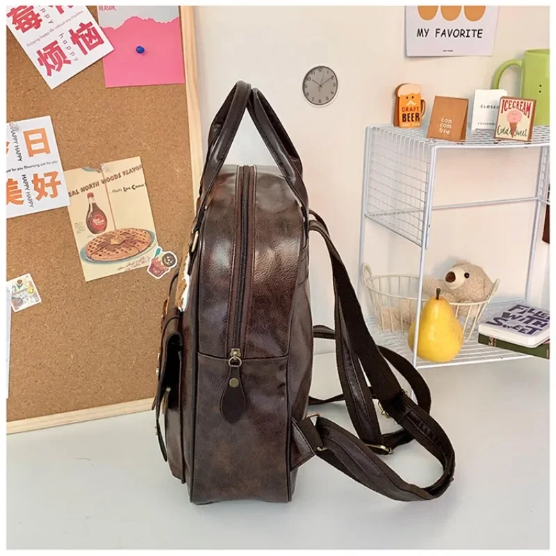 Vintage Button Students School Bag Women Bear Y2k Handbag Retro Female Large Capacity Commuter Backpack Mochilas Para Mujer