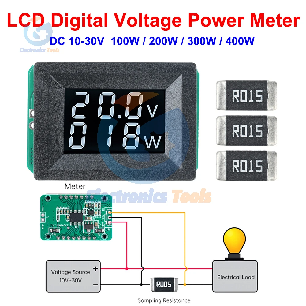 

DC 10-30V LCD Mini Digital Voltmeter Power Meter Micro Voltage and Power Meter Power Supply 100W/200W/300W/400W with Resistance