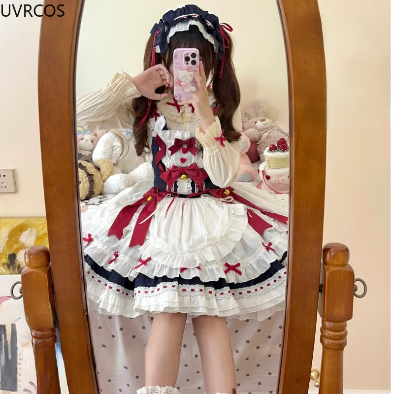 Kawaii Lolita Jsk sukienka kobiety urocza koronka falbany w kokardę sukienki księżniczki japońskie dziewczyny wiktoriańskie słodkie Mini sukienka na imprezę herbaty